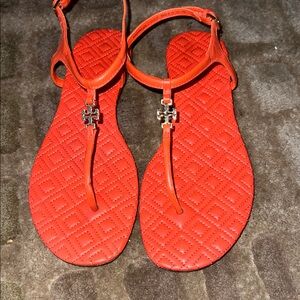 Tory Burch Quilted T-Strap Sandals in Bright Orange with Logo Accent